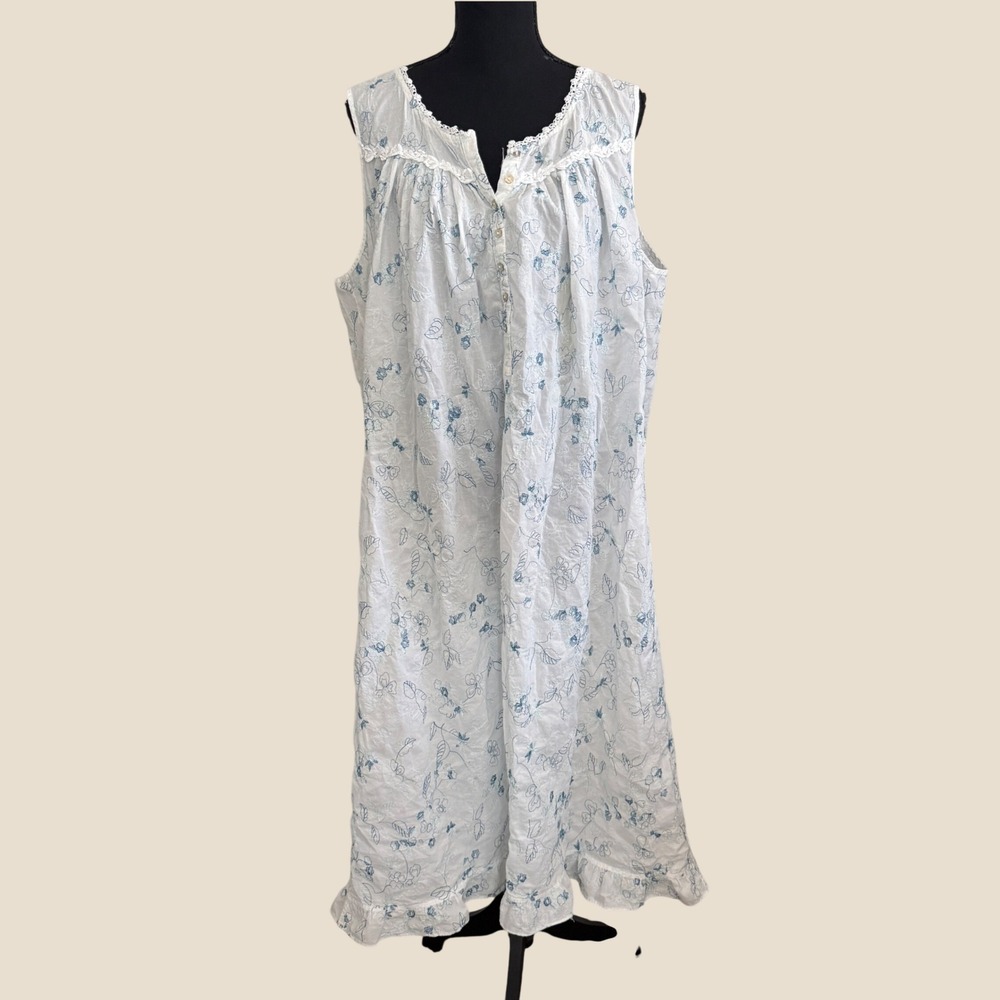 Eileen West Blue Floral Embroidered Nightgown Sleeveless 2X
